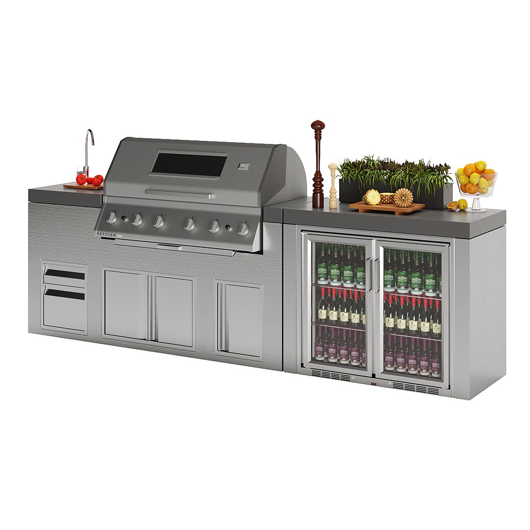 Kettler Neo Outdoor Kitchen 6 Burner Gas BBQ With Beverage Fridge 3D