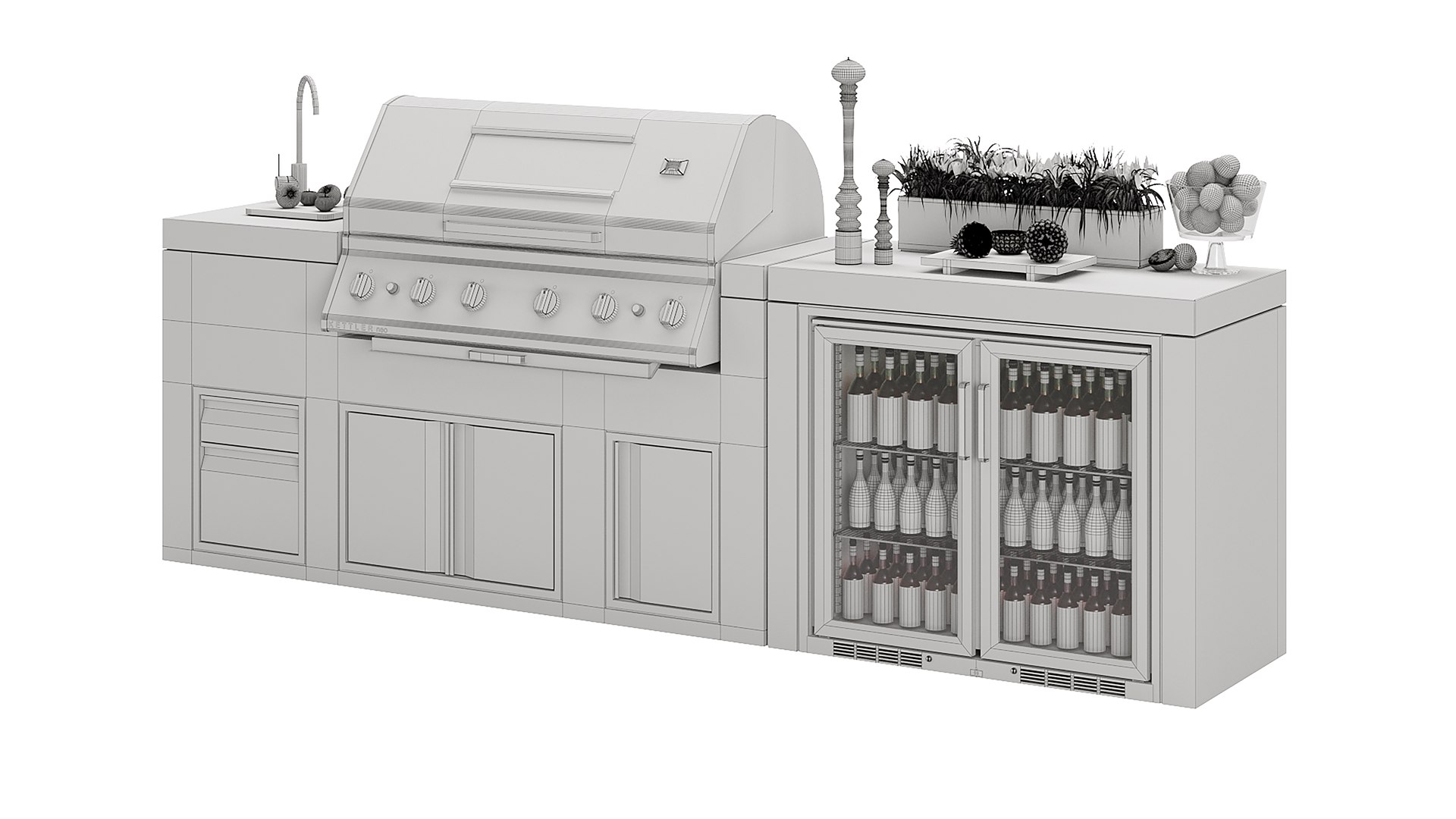 Kettler Neo Outdoor Kitchen 6 Burner Gas BBQ With Beverage Fridge 3D