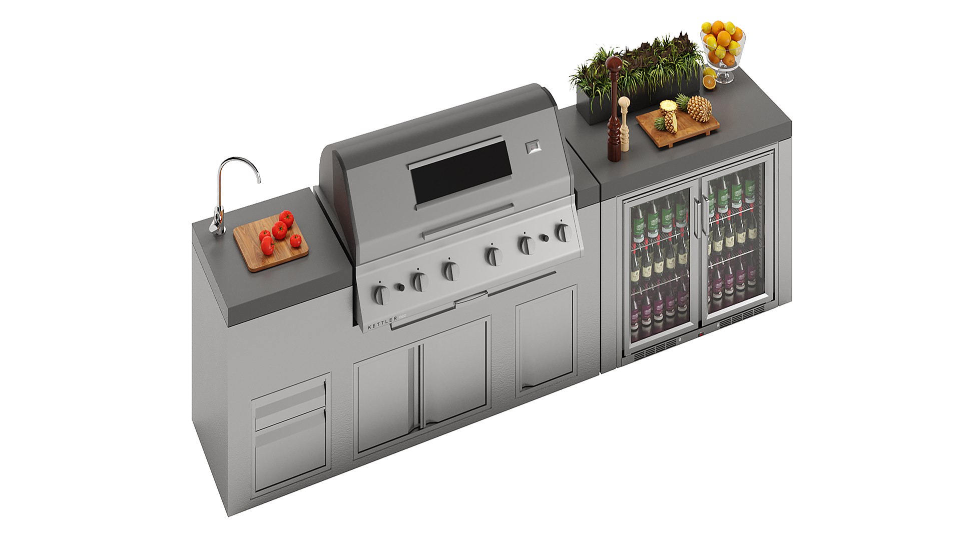 Kettler Neo Outdoor Kitchen 6 Burner Gas BBQ With Beverage Fridge 3D