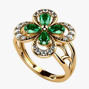 3D Emeralds Clover Gold Ring model