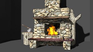 3D medieval old stone fireplace  stove model