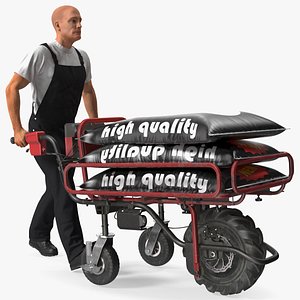 3D Worker with a Wheelbarrow Battery Frame Cement Rigged model