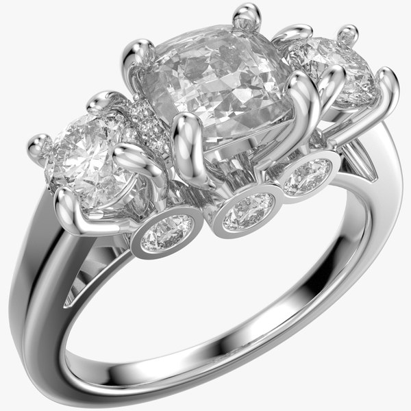 Cushion Side Round Diamonds Trilogy Engagement Ring - TCSRD-ST 3D Print Model model