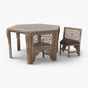 3D Old Moroccan Carved Wooden Table with Chair