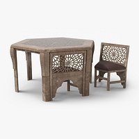 Old Moroccan Carved Wooden Table with Chair