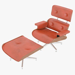 Eames Lounge Classic Chair and Ottoman Set Orange Leather Cherry Details 3D model