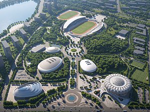 Aerial Multi-Venue Modern Sports Complex Lakeside City Masterplan 3D Scene 3D model
