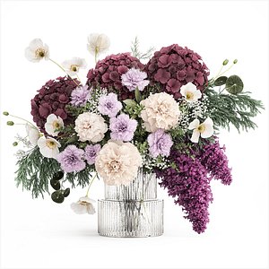Bouquet of hydrangea lilac poppy peony in a vase 437 model
