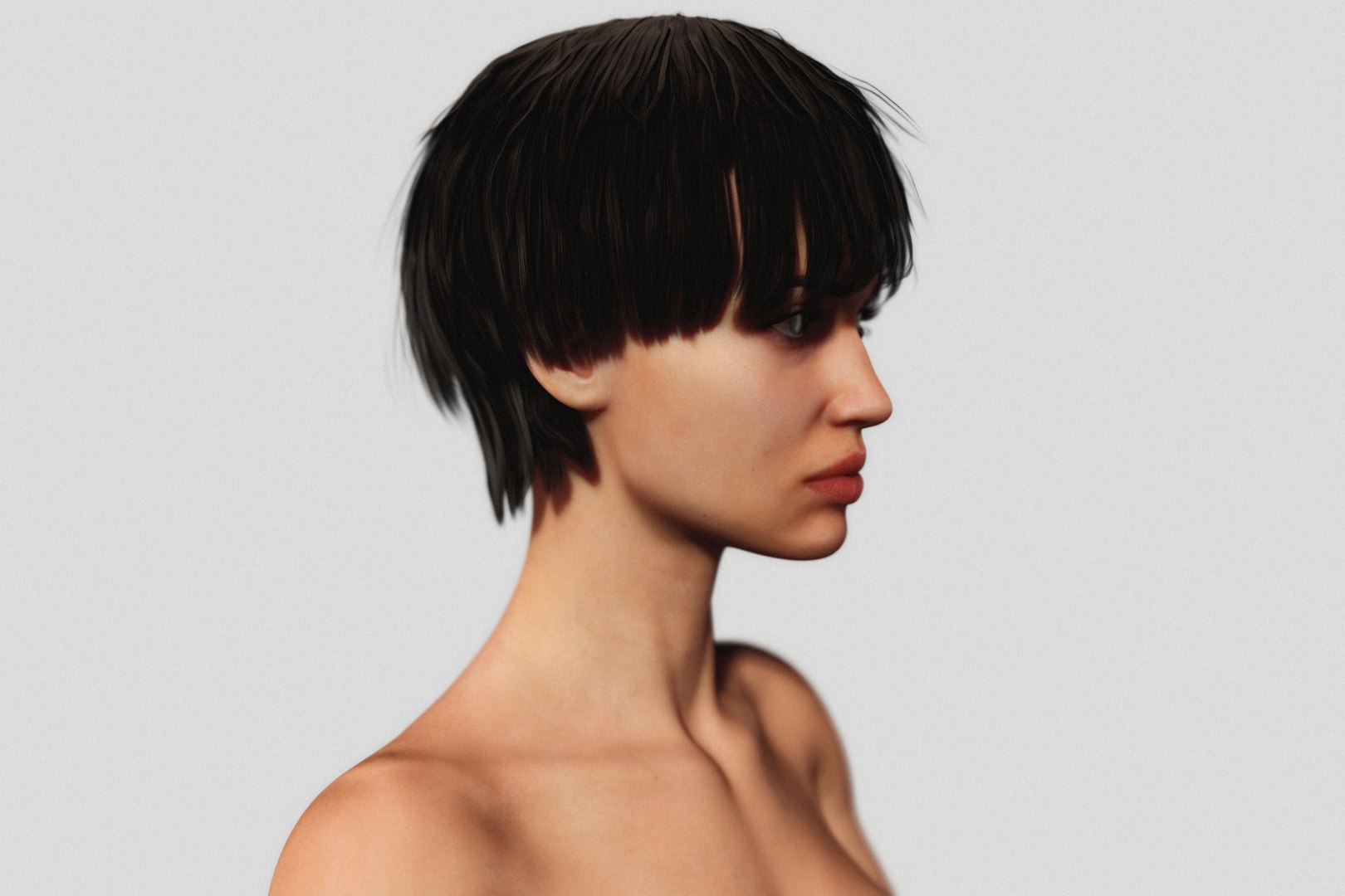 3D Nude Slim Brunette Woman With Tan Lines And Short Hair Model