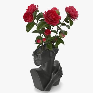Ceramics Bust Vase Black with Camellia 3D model
