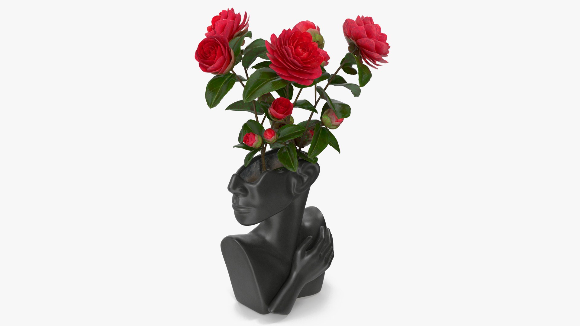 Ceramics Bust Vase Black with Camellia 3D model preview
