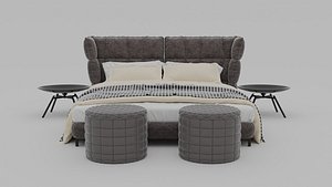 Modern Upholstered Bed Set with Side Tables and Poufs - 3D Model