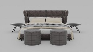 Modern Upholstered Bed Set with Side Tables and Poufs - 3D Model