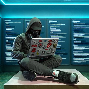Young Man Character with Laptop Sitting Pose