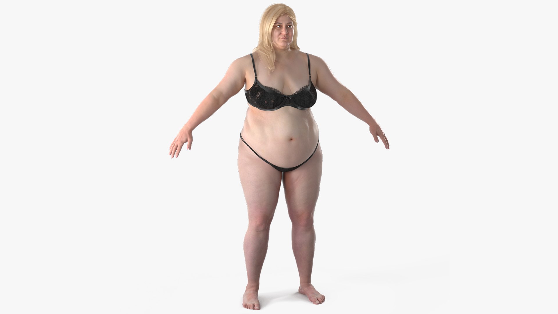 Plus Size Female in Black Underwear A-Pose 3D model preview