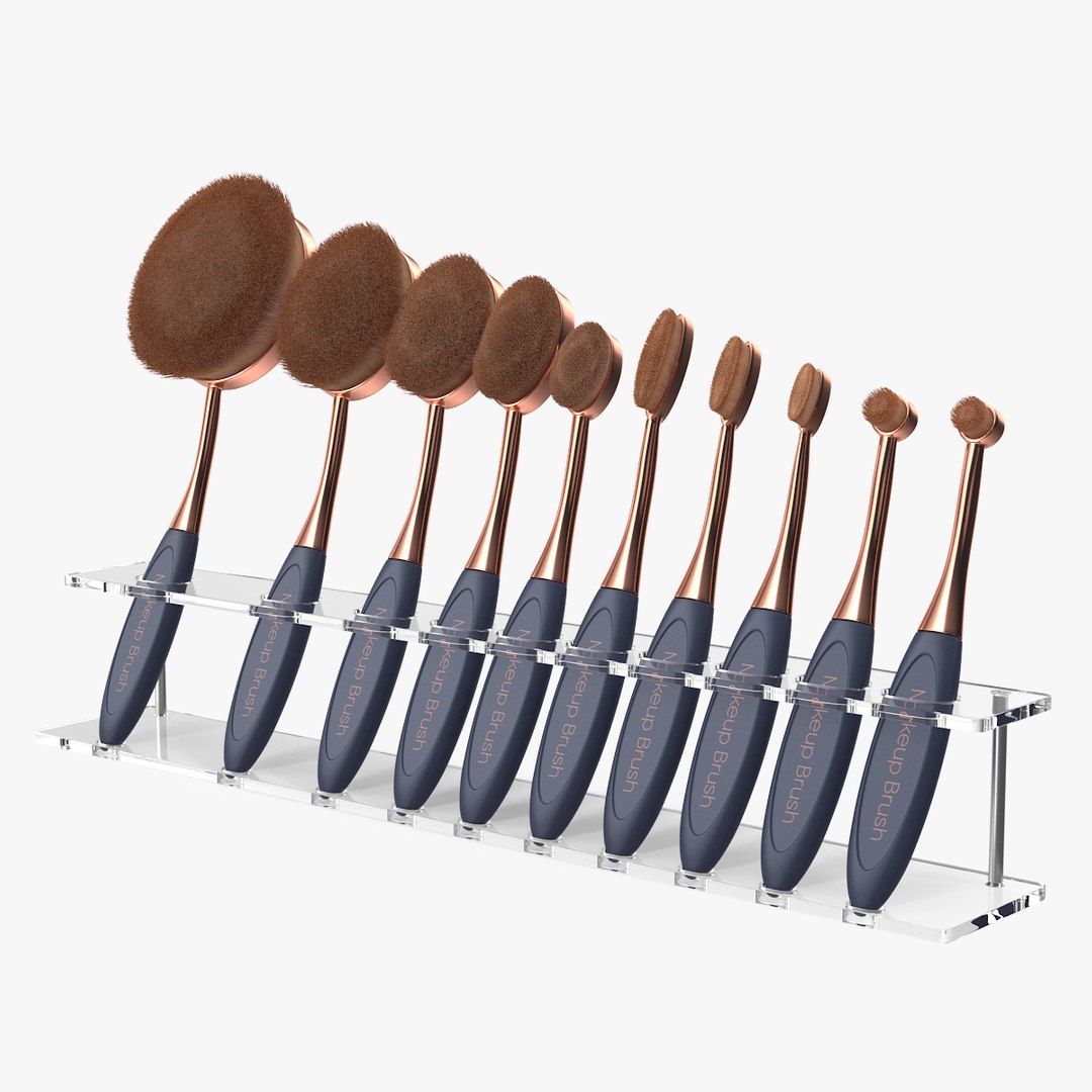 Oval Makeup Brush Set with Clear Holder Fur 3D model preview