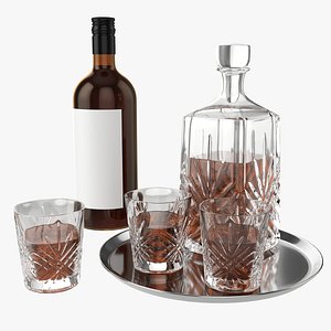 3D Whiskey Set on Tray Decanter Bottle and Glasses