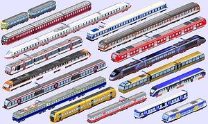 3D collection of 17 passenger trains