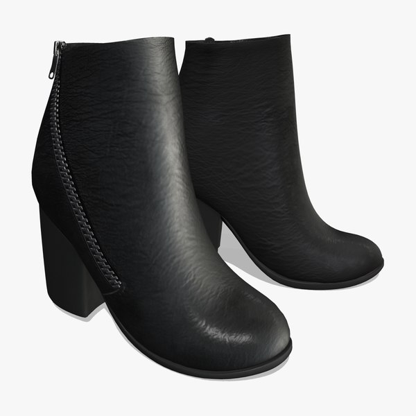 Black Leather Side Zipped Ankle Boots 3D model