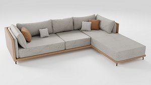 Fabric sofa on a wooden base in beige tones