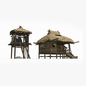 Ancient Asian architecture thatched houses 3D