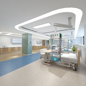 Equipped Hospital Ward with Nursing Station and Hallway 3D