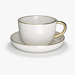 3D Luxury White Ceramic Teacup and Saucer with Gold Rim model