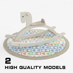 Wooden rocking horse and round carpet