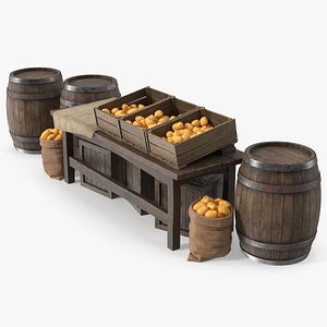 Market Potato Stand with Wooden Barrels 3D model
