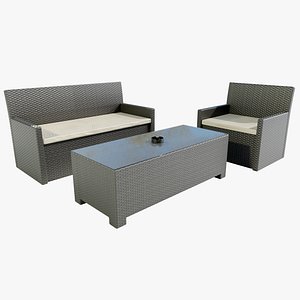 3D model Polyrattan outdoor table and armchairs PBR