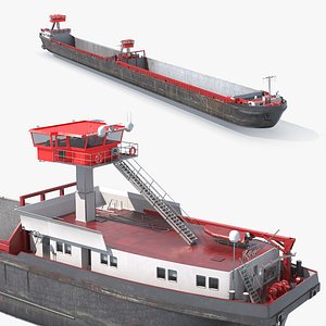 Flat Deck Freight Barge Empty Red Rigged for Cinema 4D 3D