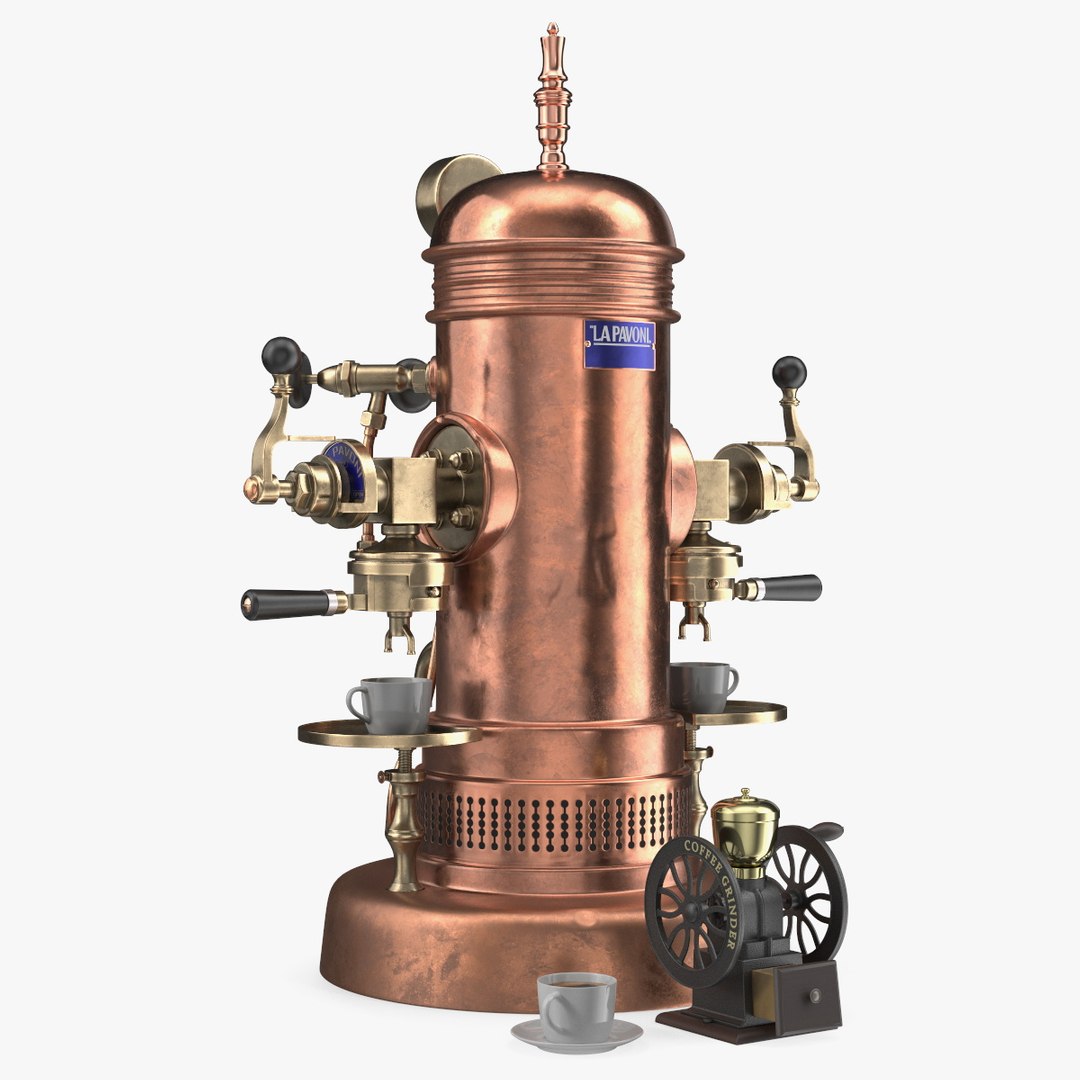 Vintage La Pavoni Espresso Machine and Coffee Grinder with Beans 3D model preview