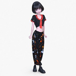 Cartoon Girl Asian Casual Standing Shy