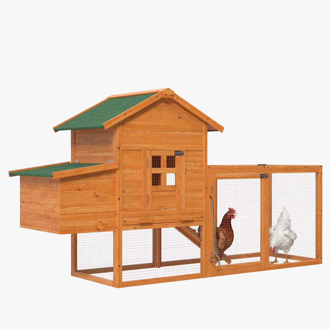 Wooden Small Chicken Coop with Chickens Rigged for Cinema 4D 3D model preview