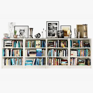 3D white bookshelf set
