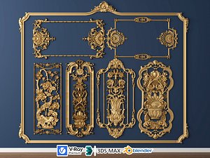 Classic Golden Wall Ornaments Baroque Carvings Relief Decor 3D model