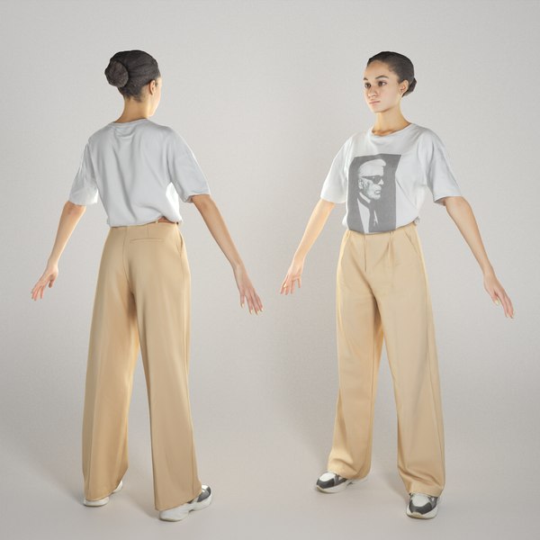Young woman in beige trousers ready for animation 339 3D model