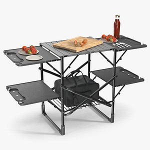 3D model Outdoor Cooking Table with Sauce Bottle and Cooler Bag Black