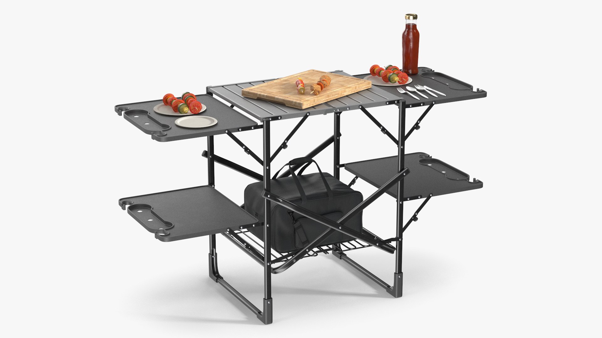 Outdoor Cooking Table with Sauce Bottle and Cooler Bag Black