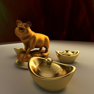 3D chinese golden pig gold ingot
