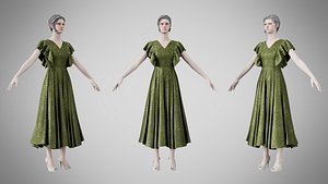 3D model Dress 45 Olive Green Velvet With Design