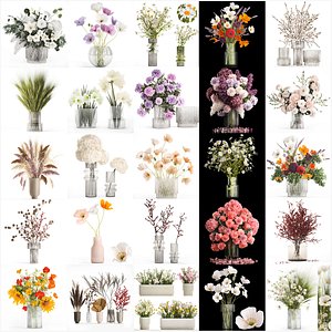 Collection of flower bouquets and vase set of 36 pieces 3D model