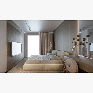 Minimalist Beige Bedroom Interior 3D
