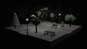 Low Poly Cartoon Winter Park at Night