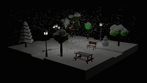 Low Poly Cartoon Winter Park at Night