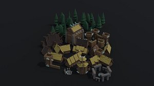 Low-poly Cartoon viking city asset Polygonal Style