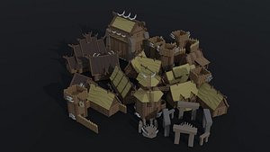 cartoon viking houses asset 3D model