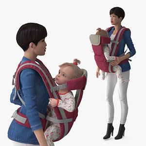 3D Woman with Little Girl in Carrier