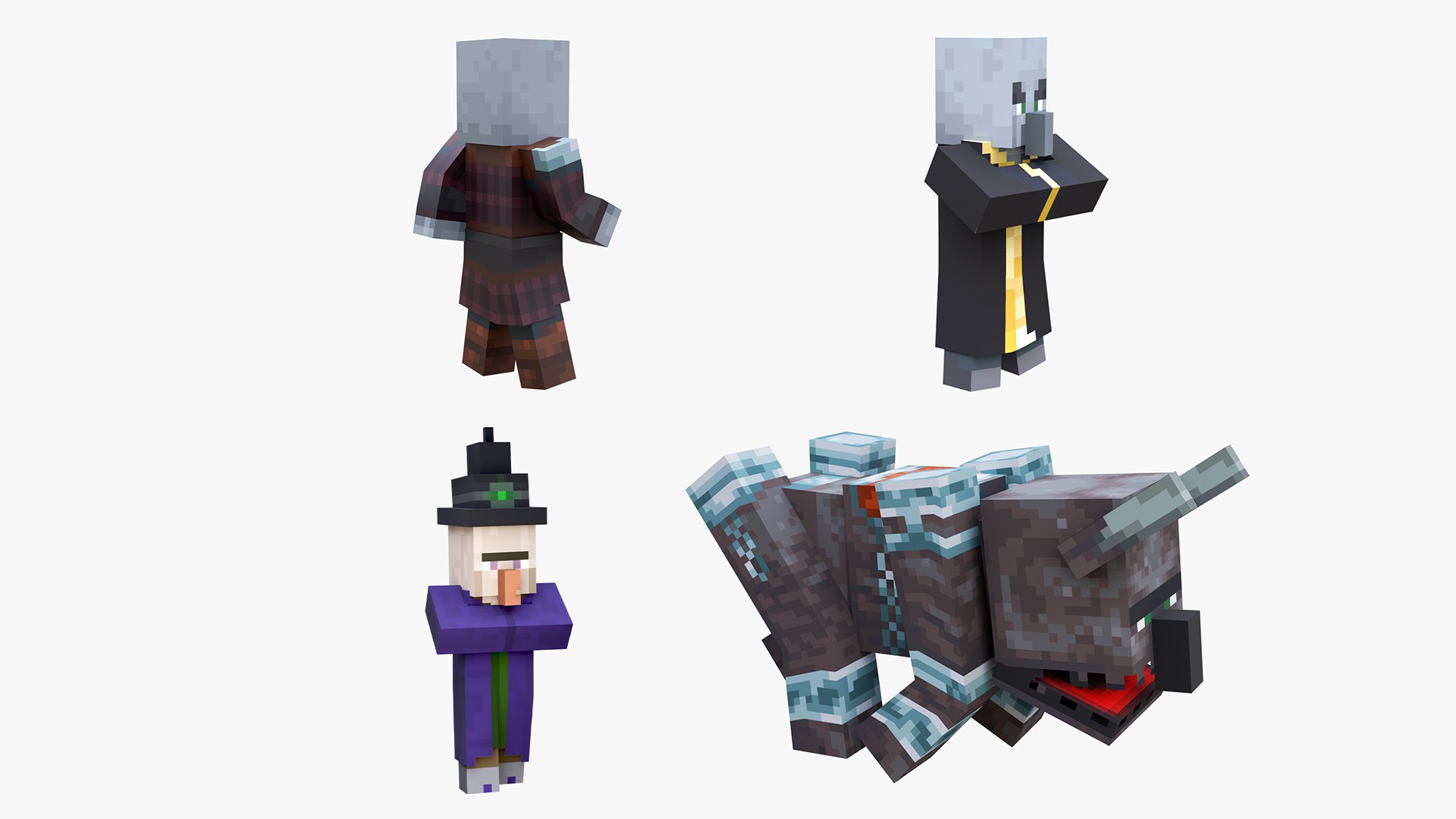 3D model Minecraft Illagers Raid Collection Rigged 3D Model Pack 4K PBR Pillager Evoker Ravager Witch https://p.turbosquid.com/ts-thumb/NY/V9TJZs/Fg/pillagerbundle2/png/1788366414/1920x1080/fit_q87/a58f364a0c751760d60412ba589b30dd05b0b3e6/pillagerbundle2.jpg