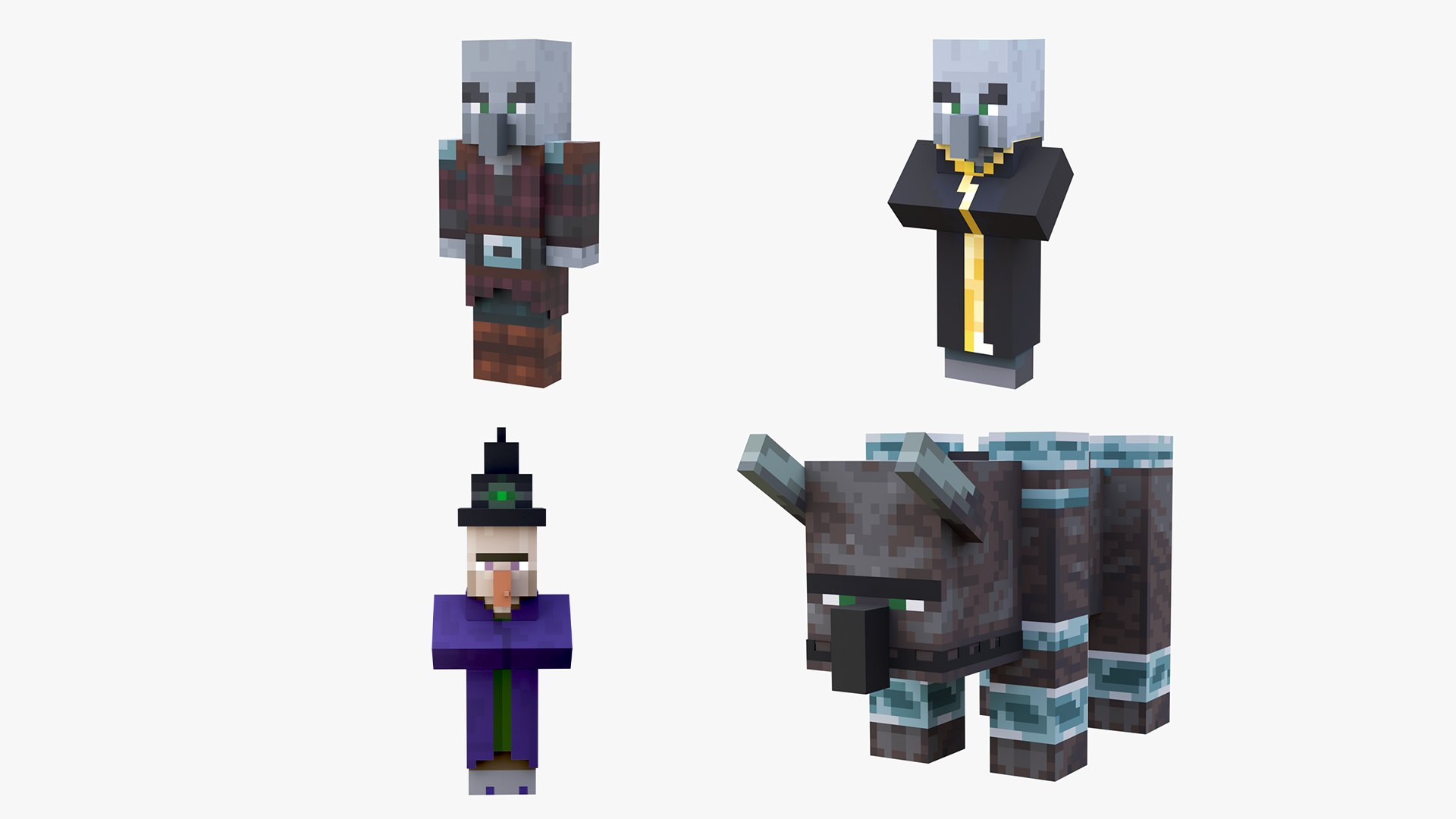 3D model Minecraft Illagers Raid Collection Rigged 3D Model Pack 4K PBR Pillager Evoker Ravager Witch https://p.turbosquid.com/ts-thumb/NY/V9TJZs/cq/pillagerbundle5/png/1788366414/1920x1080/fit_q87/a469fb278ad753bfb8227507725fbea99c39d7aa/pillagerbundle5.jpg